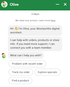 Text of a chat with the Olive chatbot, outlining it can help with problems with orders, tracking orders, specials or finding a product.