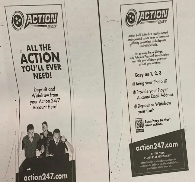 A brochure for the company Action 247 that says, “All the action you’ll ever need! Deposit and Withdraw from your Action 24/7 Account Here!” on one page. The other page includes the text about “the first locally owned and operated sports book” that was quoted above, and describes three “easy” steps for transferring funds.
