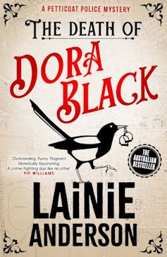 Death of Dora Black book cover, with magpie illustration, rings in beak