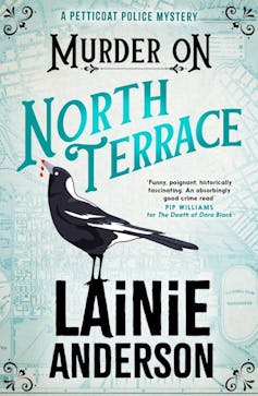 Murder on North Terrace book cover, with magpie illustration, beak dripping blood