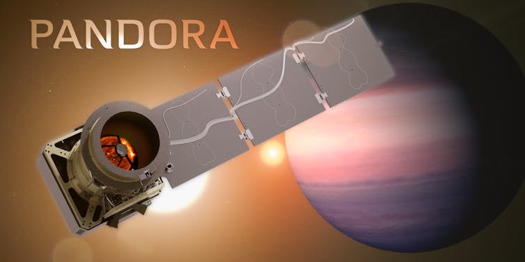 The Pandora spacecraft with an exoplanet and two stars in the background