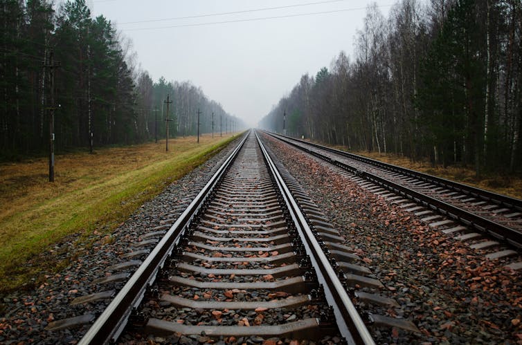 Railway track stretches ahead to horizon.