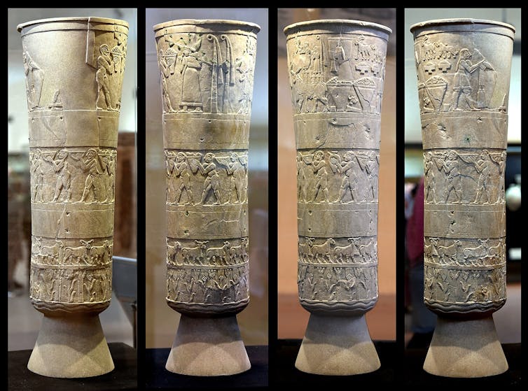 The Warka Vase (3500–2900 BCE) depicts a procession to Inanna (Sumerian Ištar) who stands at the doorway to her temple. The Iraq Museum, Baghdad. IM19606.