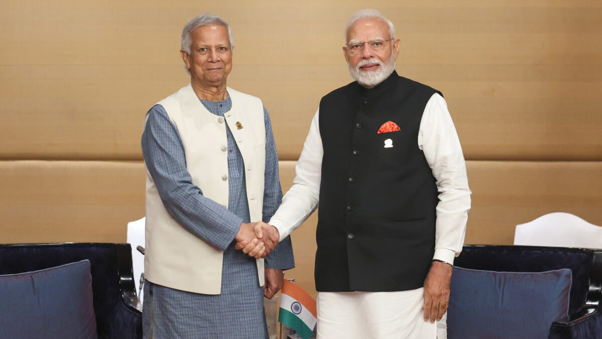 PM Modi meeting with the Chief Adviser of the People’s Republic of Bangladesh, Mr. Muhammad Yunus at Bangkok, in Thailand on April 04, 2025. Image via Wikipedia by Press Information Bureau of India. Public Domain.