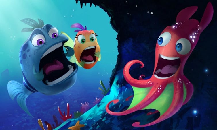 Two fish yell at an octopus.