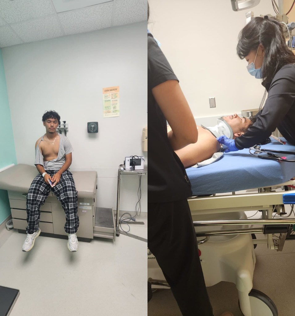 First image: A young man with a torn gray T-shirt sits on a medical examination bed in a doctor’s office. Second image: Two medical staffers wearing black scrubs assist a young man wearing a neck brace on a hospital gurney with a blue sheet.