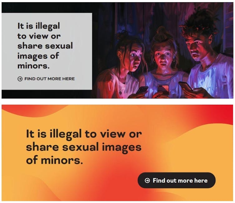 Warning message with the text It is illegal to view or share sexual images of minors. There are two versions, one with a picture of young people and one with just the text.