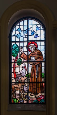 A stained glass window in a church depicting St Francis of Assisi with birds and animals.