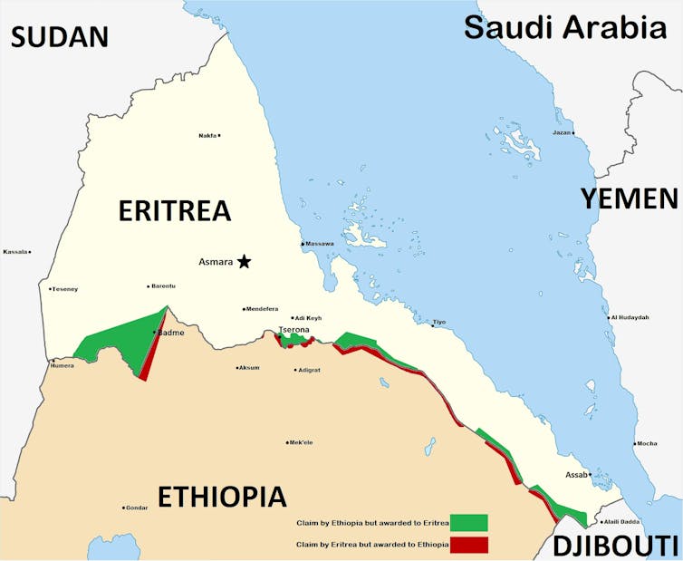 Map showing the Ethiopia-Eritrea international boundary along with highlights of disputed areas.