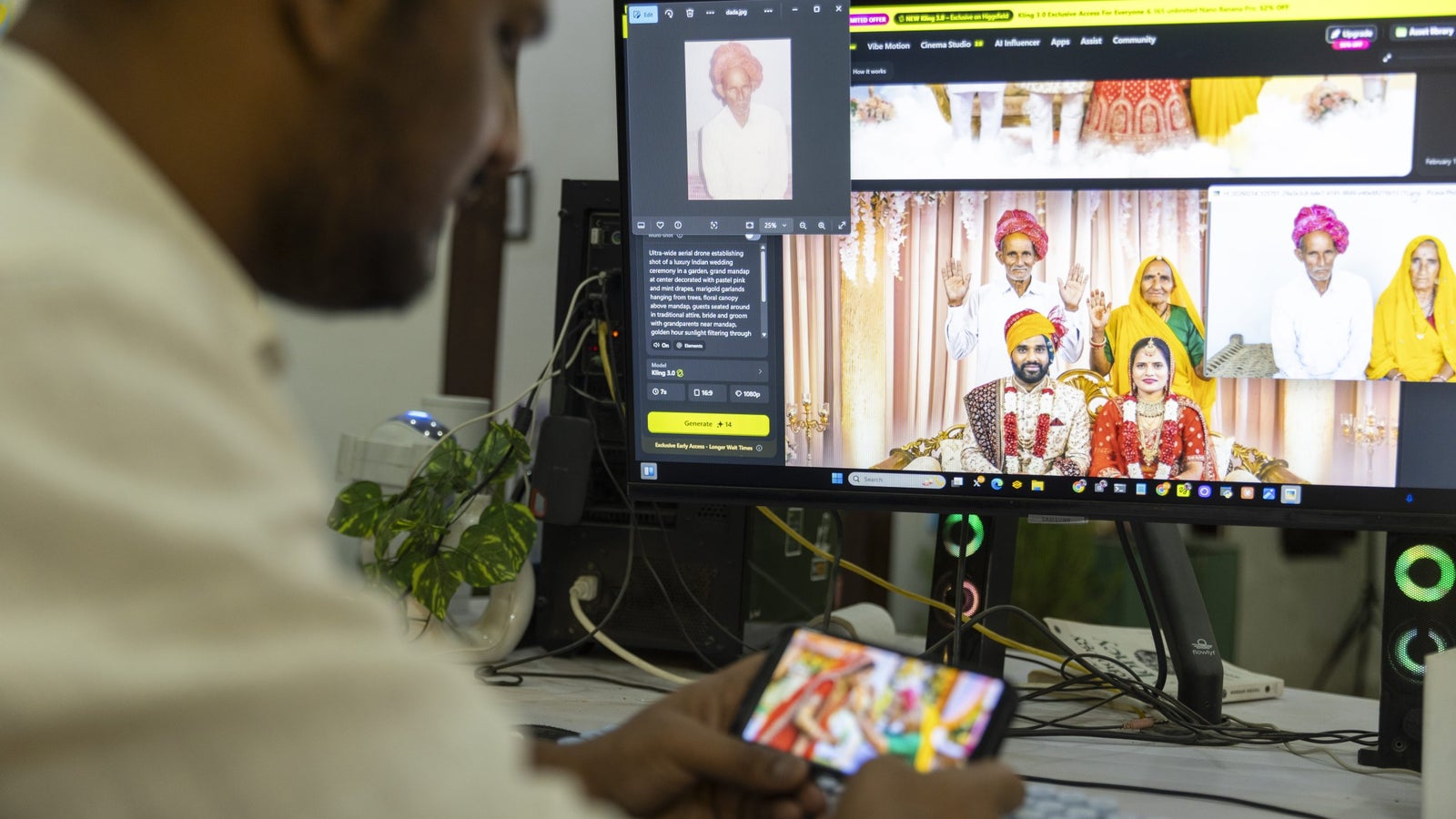 A person sitting at a desk using a smartphone while looking at a computer screen displaying a celebratory event with people in traditional attire.