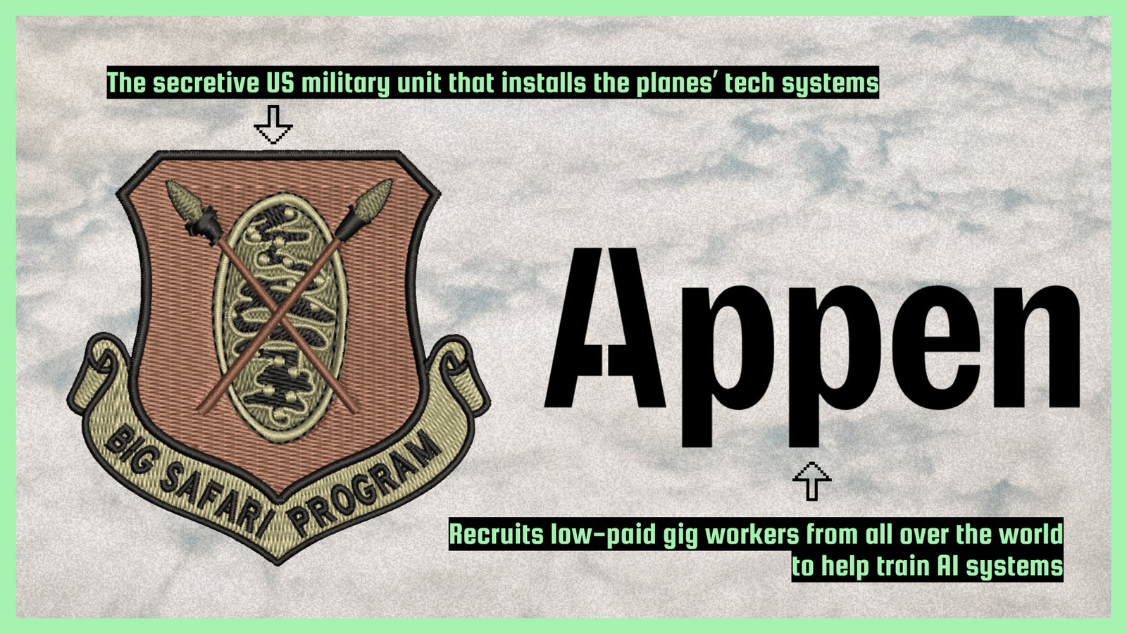 A badge representing the US military unit "Big Safari Program" alongside text about recruiting low-paid gig workers for AI training.