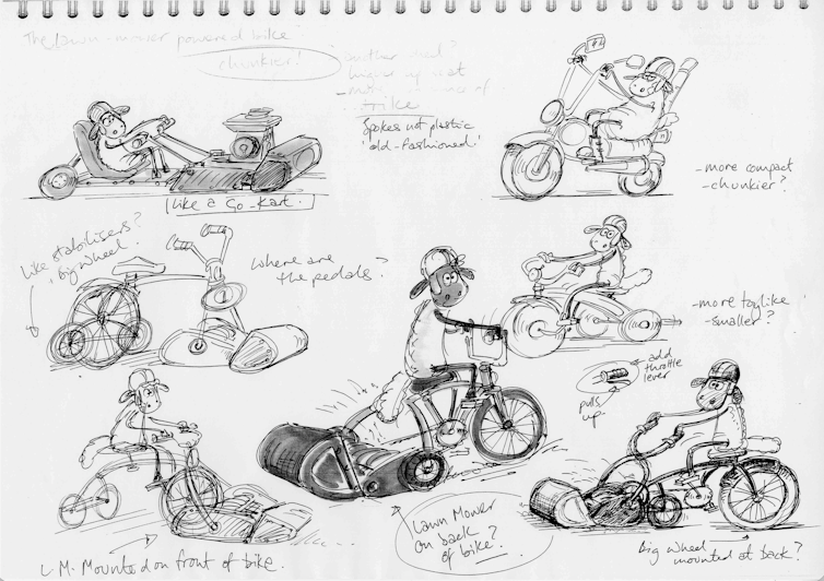 A sketch showing a sheep on a bike from an animator's notebook.