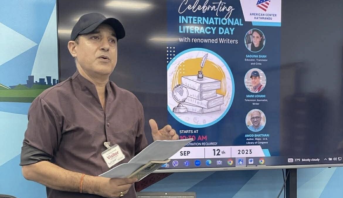 Mani Lohani reciting a poem and speaking at the International Literary Day 2023 event in Kathmandu. Image: Provided by Mani Lohani