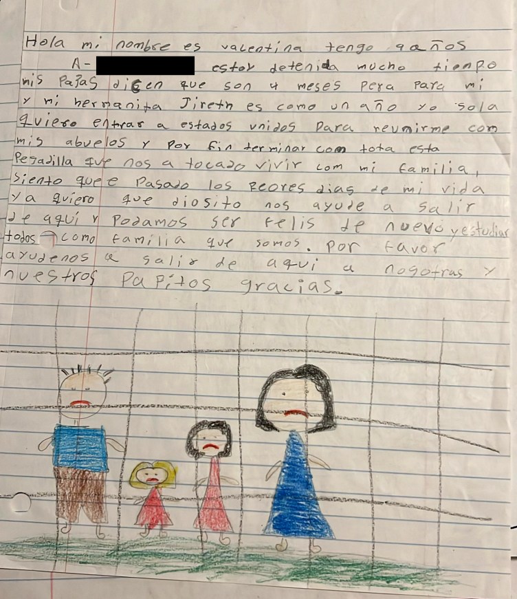 A handwritten letter with a drawing of four people trapped behind bars.