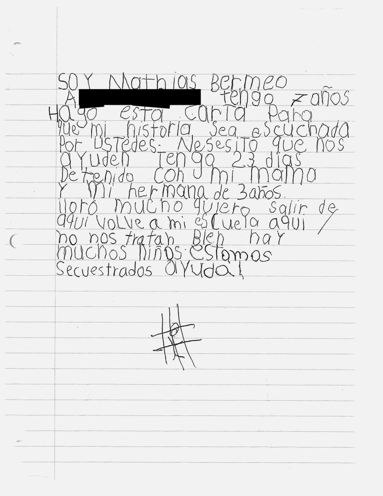 A handwritten letter with a drawing of a stick figure behind a lattice of bars.