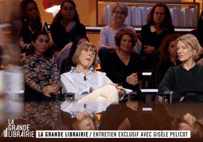 Screenshot from the La Grande Librairie TV show on the La Grande Librairie YouTube channel, with Gisèle Pelicot on the left and Judith Perrignon on the right.