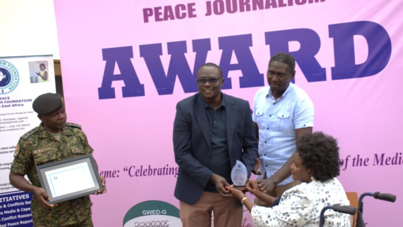 Celebrating the Peace Journalism Awards at the Gulu Women’s Economic Development and Globalization (GWED-G). Photo by PJF. Used with permission.