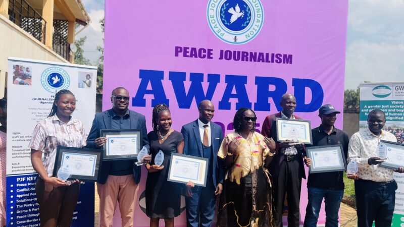 2025 Peace Journalism Award winners with PJF Director, Gloria Laker Adiiki Aciiro. Photo by Peace Journalism Foundation (PJF). Used with permission.