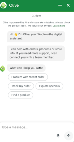 A screenshot of the Woolworth's chatbot.