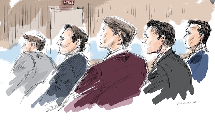 A court sketch featuring five hockey players accused of sexual assault.
