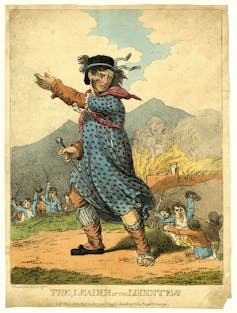 Illustration of a 19th century protest figure outdoors.
