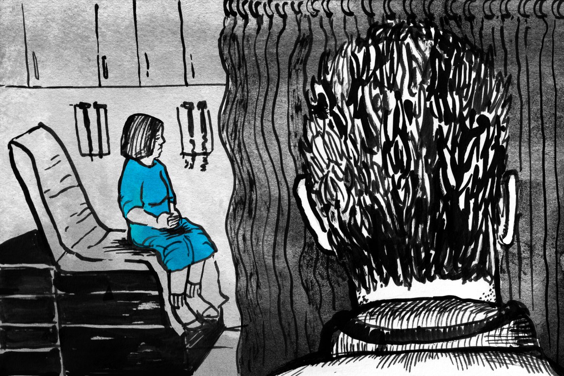 A patient in a hospital gown sits on a medical exam chair. In the foreground, a curtain separates her from a larger male doctor. The viewer can only see the back of his head.