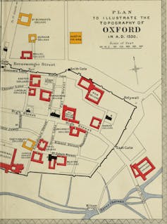 A topographic map of Oxford in 1530 featuring red and orange college buildings, historic streets and the city's fortified walls