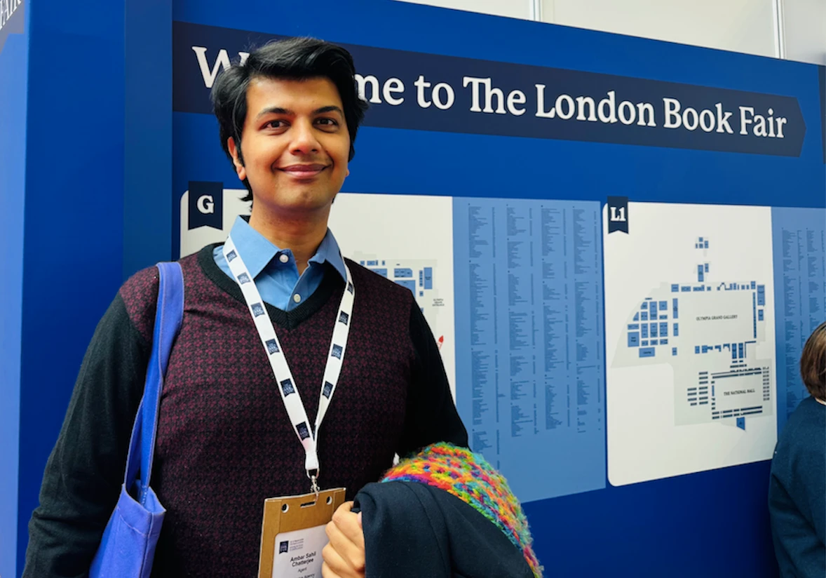 Indian literary agent Ambar Sahil Chatterjee at the 2026 London Book Fair. Image by the author.