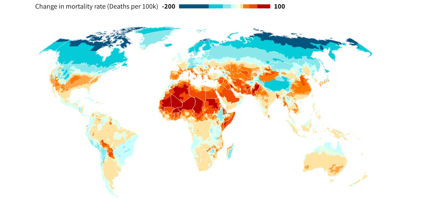Change in region-level net mortality rates (deaths per 100,000 people) in 2050 compared to the 2001-2010 average due to climate change