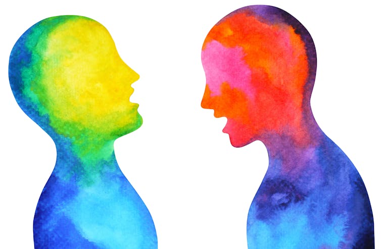 Illustration of two people having an intense conversation.