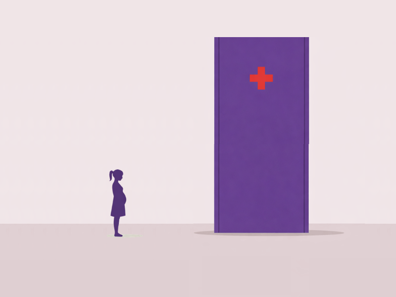 Illustration of a pregnant woman's silhouette in front of a door with a red cross 