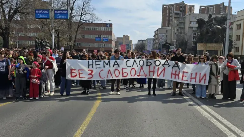 "There is no freedom without free women" banner on the March 8, 2026 march in Skopje, North Macedonia. Photo: Meta.mk, used with permission.