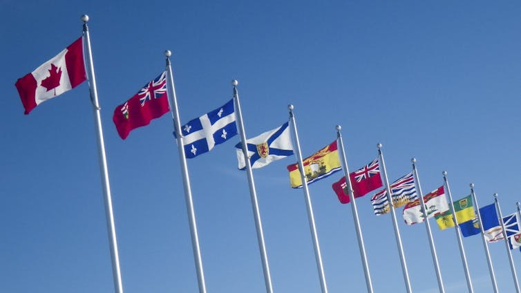 A series of flags shown in a row, leading with a maple leaf Canadian flag followed by flags of provinces.