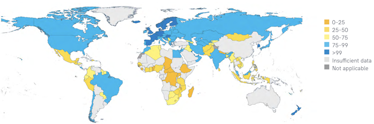 Colour-coded map showing what percentage of people in each country has access to drinking water