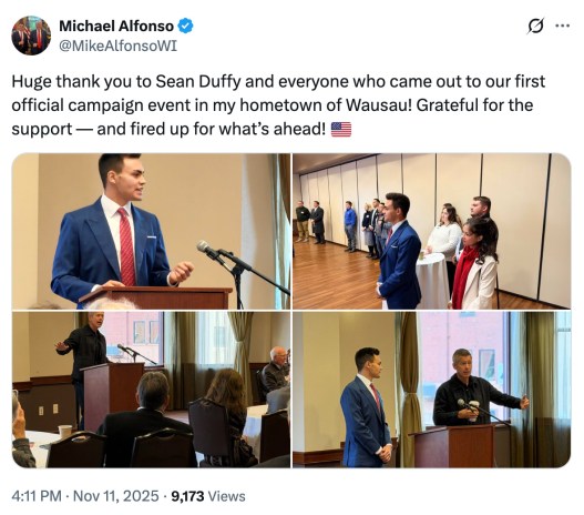 A screenshot of a post to X from @MikeAlfonsoWI with text that reads, “Huge thank you to Sean Duffy and everyone who came out to our first official campaign event in my hometown of Wausau! Grateful for the support — and fired up for what’s ahead! 🇺🇸” and four photographs of a political campaign event taking place in a conference room.