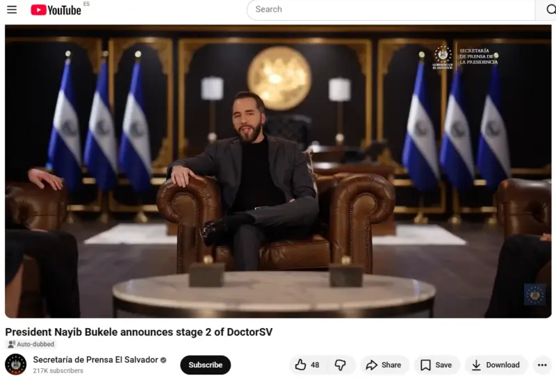 In the screenshot from the Press Office of El Salvador's YouTube video, President Nayib Bukele sits in the center, surrounded by four experts. The five together introduce the second phase of DoctorSV in an address to the nation.
