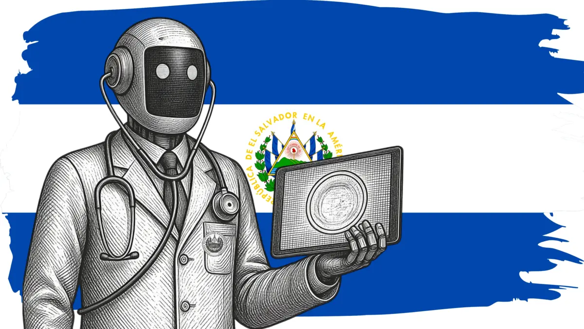 The collage image shows a robot acting as a doctor and holding a tablet. The robot is placed in front of El Salvador's flag.