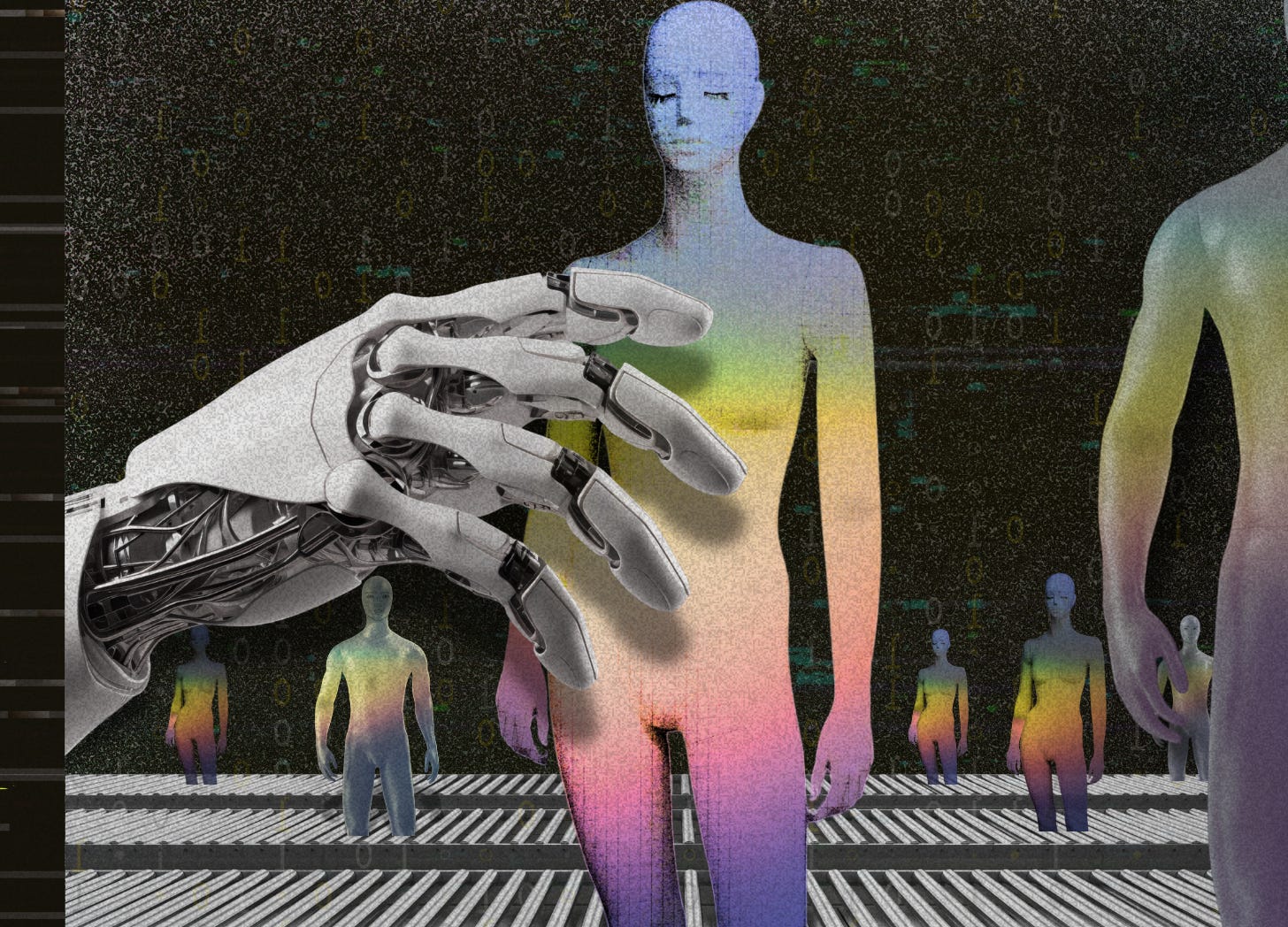 A robot hand reaching out to a rainbow body.