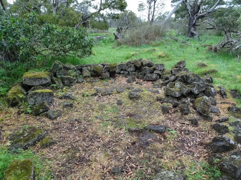 Remains of a stone hut at Budj Bim 2022 - Photo by Heather Milton, used with her permission