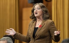 A woman with dark blond hair wearing a brown blazer with a red poppy on a lapel gestures while speaking.