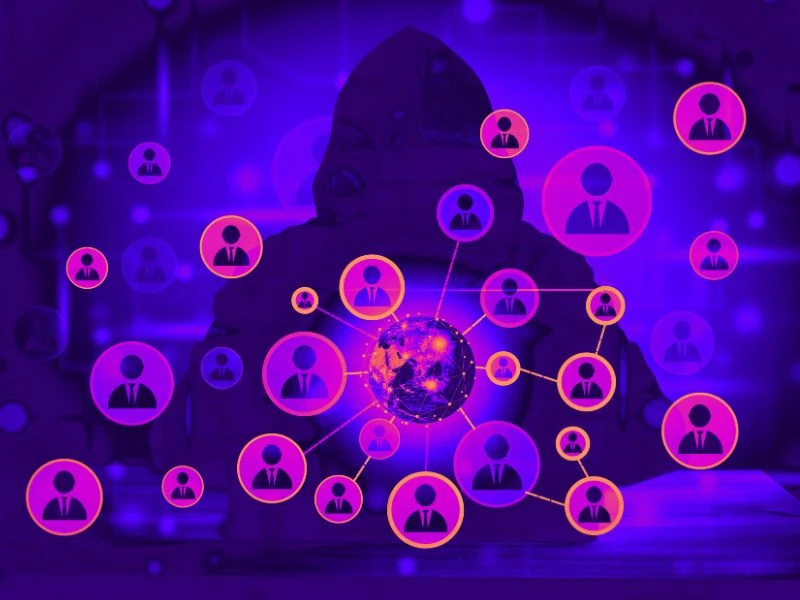 Image shows a person's silhouette and several avatars coming out of an algorithm type of sphere 