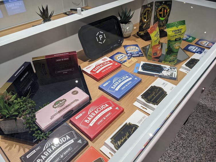 Chocolate bars and packages are on display