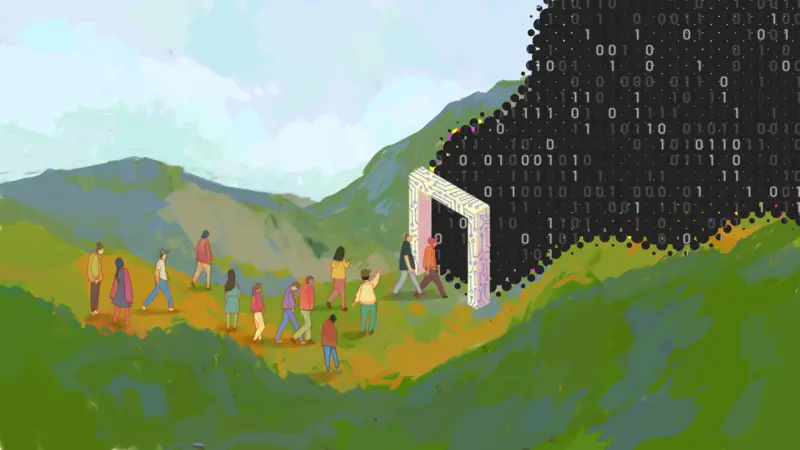 Illustration of people walking from a green natural environment through a gateway into a digital space ('the matrix') Image by Sabeen Yameen for APC, used with permission.