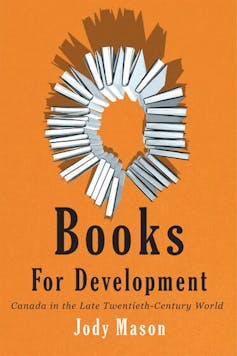 Orange book cover says Books for development and shows graphic image of books in a cirlce.