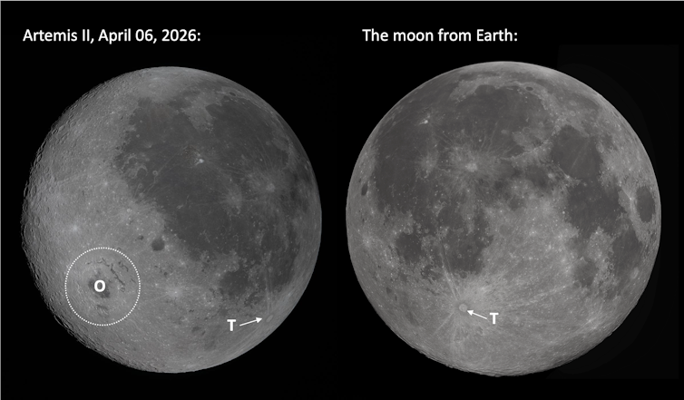 Two images of the moon, from different angles.