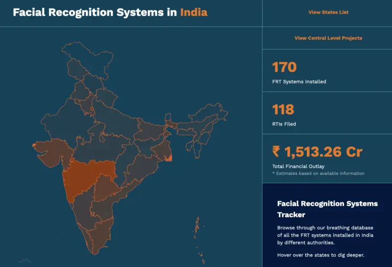 Screenshot of Facial Recognition system in India tracker - hosted by Project Panoptic by IFF. CC-BY 