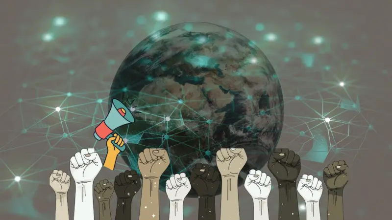 Illustration showing the world, tech image and hands raised in protest. Image made by Ameya Nagarajan on Canva Pro for Global Voices