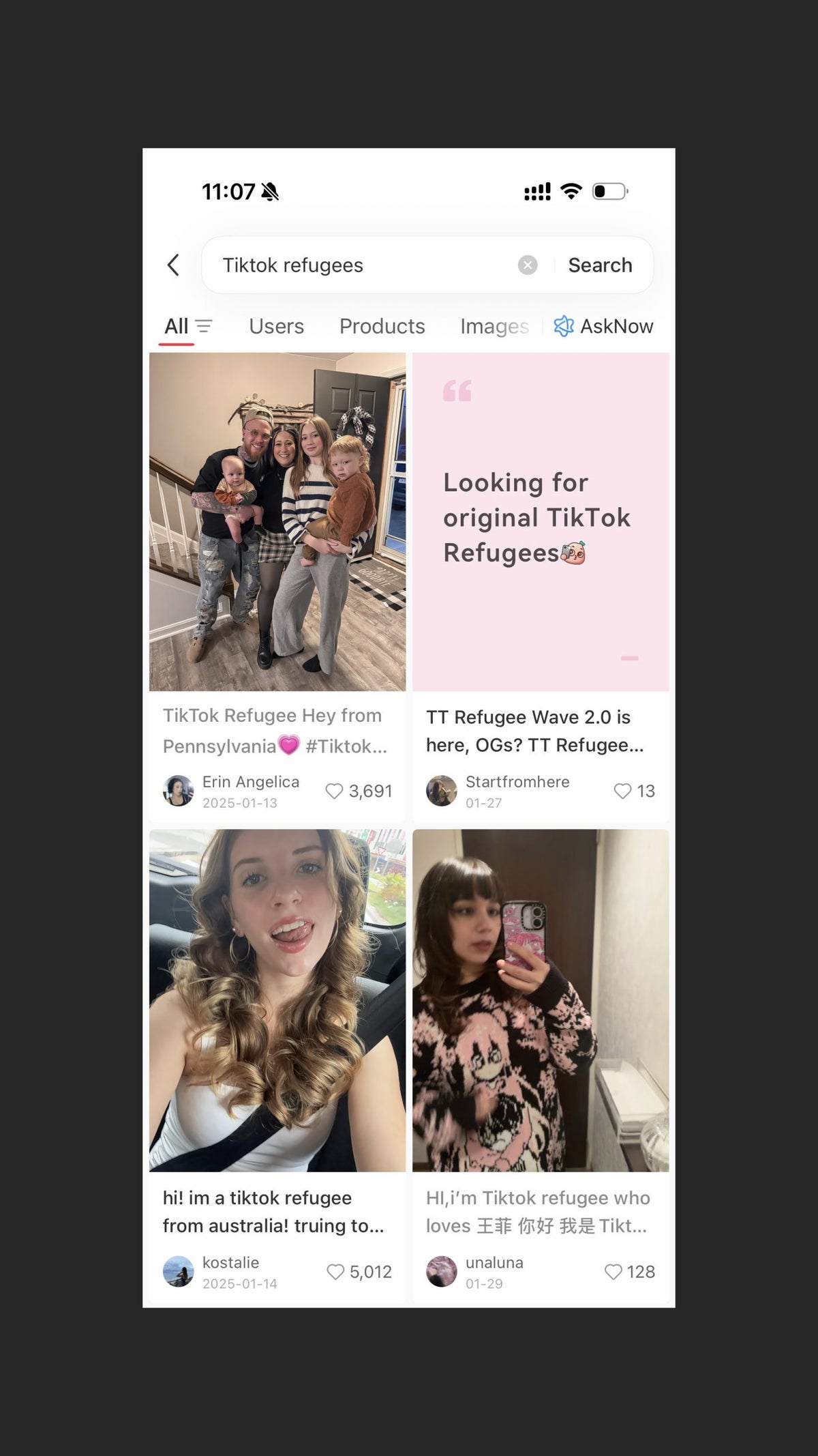 A smartphone screen displaying TikTok posts related to "TikTok refugees," featuring videos and user bios.