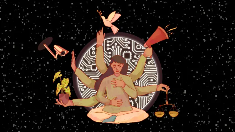 Illustration of a woman sitting cross-legged with various items associated with each arm: a dove of peace, a megaphone, scales of balance, a camera and a plant. Image by for APC, used with permission.