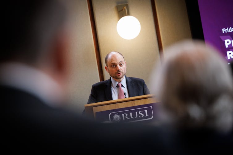 Vladimir Kara-Murza speaks at a press conference in London.